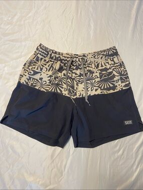 Saxx Men's Navy Swim Trunks with Cream Patterned Waistband